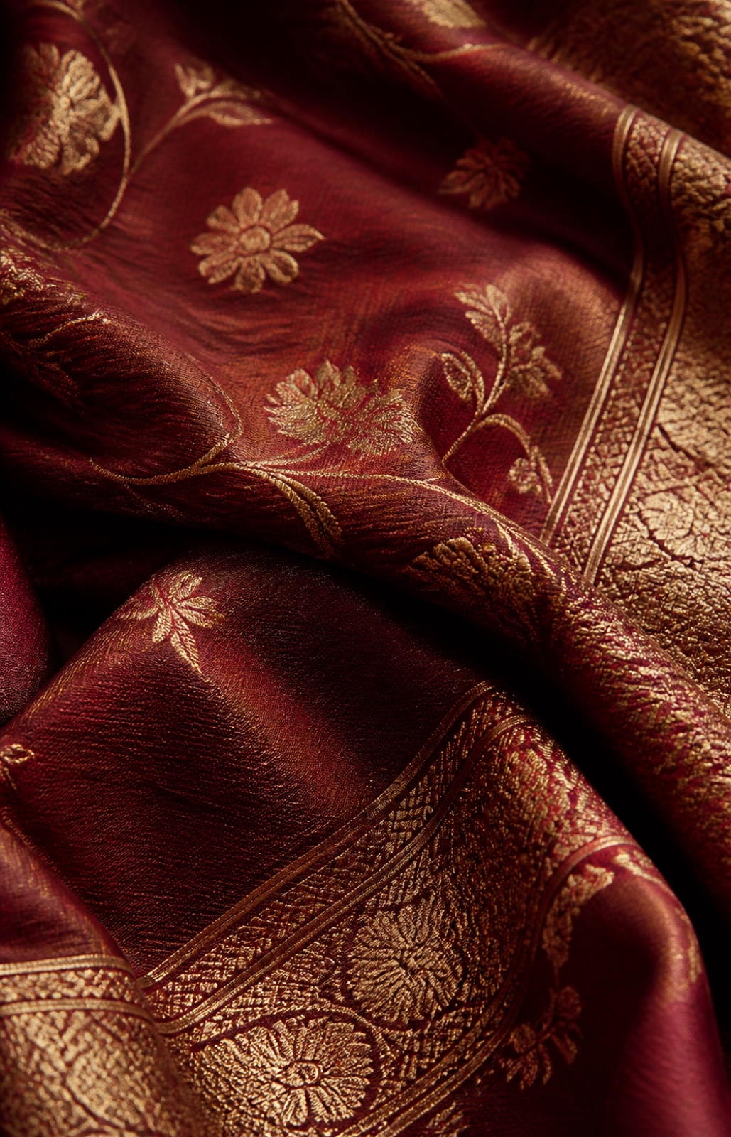 Wine-red and antique-gold woven textile detail